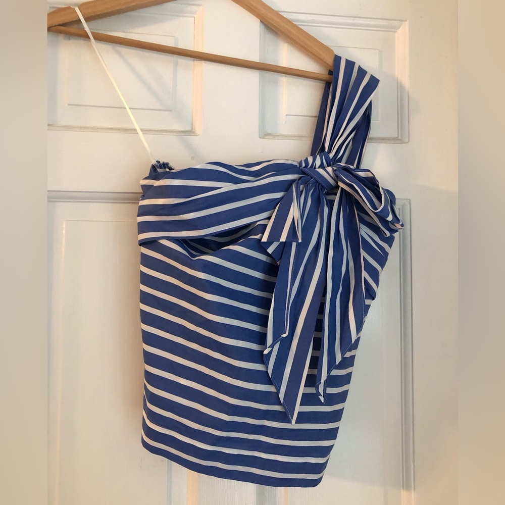 J. Crew Blue and White Striped One-Shoulder Top with Bow